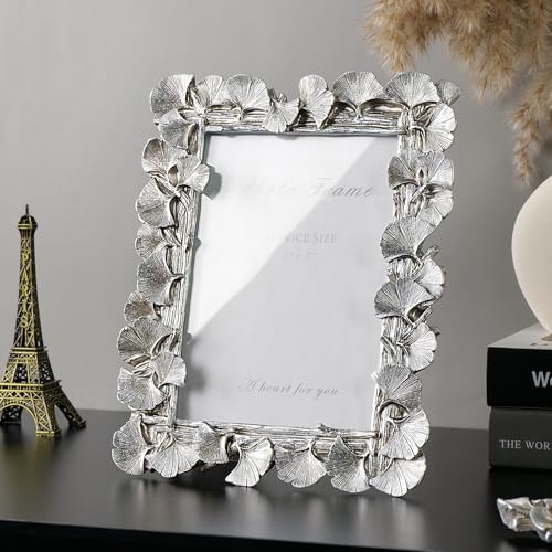 Silver 5x7 Picture Frame, Vintage Silver Ornate Leaf Textured Hand-Crafted Resin Frames with Glass Front, Antique Photo Frame for Tabletop Display, Retro Design Home Decor