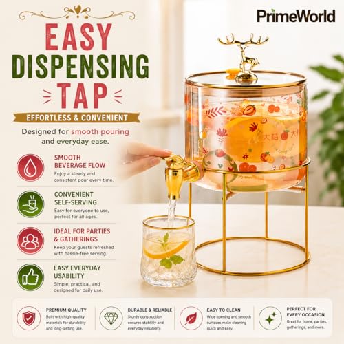 Image of PrimeWorld Glass Beverage Dispenser - 2.6 litres | Vintage Drink Dispenser Jar with Tap & Lid | Ideal for Juice, Water, Iced Tea, Lemonade & Party Beverages
