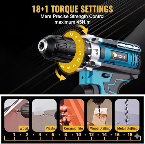 Image of MAXIVE high Power Cordless Drill Machine Kit with 2 Li ion Batteries Dual Speed Electric Impact Driver with Keyless Chuck LED Light and Multiple Drill Bits for Wood Metal and Wall