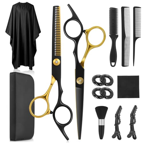 Lictin Ciseaux de Coiffeur Professionnels 15 en 1-6.7" en Acier Inoxydable avec Peigne, Ciseaux à Effiler, Sac en Cuir et Cape de Coiffure (Noir et Doré)