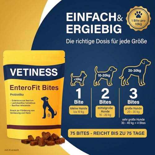 vetiness EnteroFit Bites Probiotika Hund | Magen und Darm | Verdaunungs Snacks | 75 Stück | Gras und Kotfresser Drops Hund fördern die Darmregulierung und Verdauung | Sodbrennen