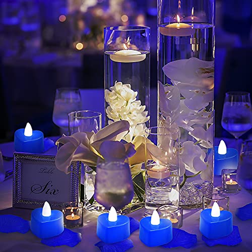 Image of Honoson 1000 Pieces Artificial Blue Rose Petals with 24 Pcs Flameless Heart Shaped LED Tealights Candles Special Romantic Night Decorations for Proposal Wedding Anniversary Table Decor