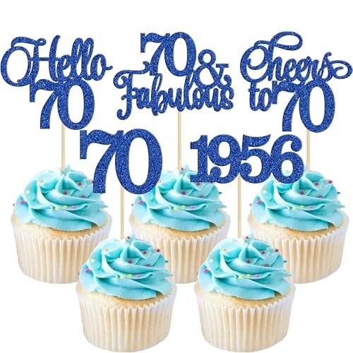 Gyufise 30Pcs 70th Birthday Cupcake Toppers 70 Fabulous Cupcake Picks Cheers to 70 1956 Cake Decorations for Happy 70th Birthday Wedding Anniversary Party Decoration Supplies Blue