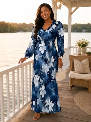 Image of PinkPatty Plus Size Dresses for Curvy Women V Neck Flowy Long Sleeves Wrap Maxi Dress Travel Vacation Outfits
