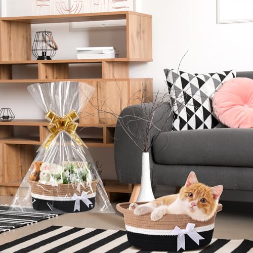 Image of Colingmill 2 Pack Graduation Woven Gift Basket Empty with Ribbon Bow, 12''x8''x5'' Chest Box with Gift Bags Candy Baskets with Handle for Mother's Day Wedding Birthday Decor(Black, Khaki)