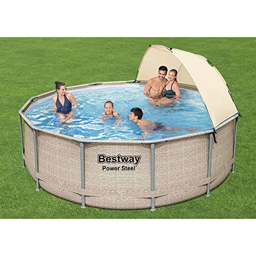 Bestway Power Steel 13' X 42" Round Above Ground Outdoor Swimming Pool Set With Shaded Canopy, 530 Gallon Filter Pump, Ladder, And Pool Cover #TOP1