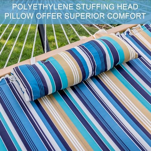 Image of Lazy Daze Hammocks 12 FT Quilted Fabric Double Hammock with Spreader Bars, Detachable Pillow and Carabiners, 450lbs Weight Capacity, Beach Stripes