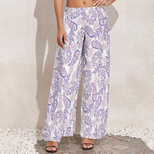 Palazzo Pants for Women, Purple Pink Paisley Casual Comfy Womens Wide Leg Pants Baggy Lounge Pants3