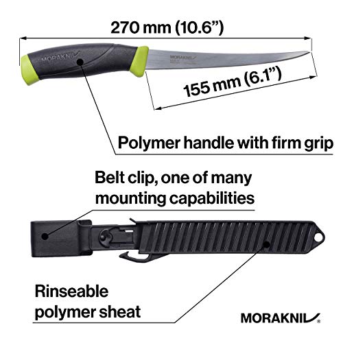 Morakniv Companion Stainless Steel Fish Fillet Knife with Sheath, Black/Yellow, 6.1 Inch