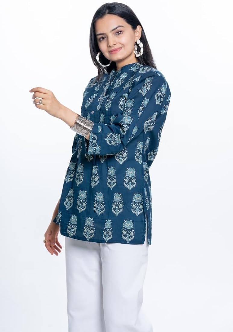 Floral Printed Indian Cotton Rayon Kurta Tunic - Women's Straight Fit 3/4 Sleeve Casual Kurti For Everyday Wear
