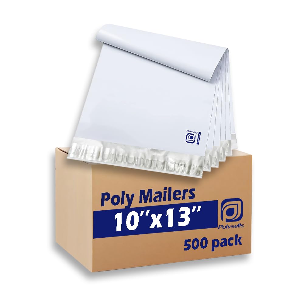 POLYSELLS 500 pcs 10x13 Inches White x Silver Poly Mailers Shipping Envelopes, Strong Adhesive Sealing, Waterproof, and Tear-resistant Postal Mailing Bags for Clothing, Books, and Accessories