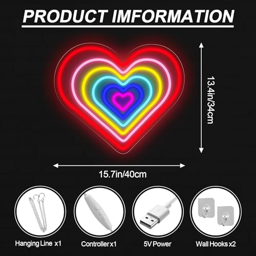 Image of Rainbow Heart Neon Sign Romantic Love LED Light Gift Anniversary for Lover Valentines Gift Idea Home Wall Art Room Decoration, 15.7 inchx13.4 inch