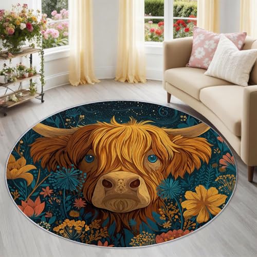 Genérico Alfombra Redonda Lavable 180 cm, Multicolor Ternera Floral Antideslizante, Etnia Rústico Animal Alfombra Pelo Corto Fácil de Limpiar para Comedor y Pasillo