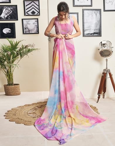 Image of SIRIL Women's Georgette Printed One Minute Saree Ready to Wear With Unstitched Blouse Piece