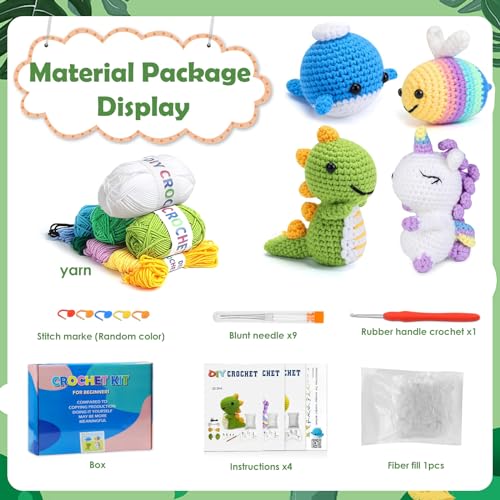 Image of TecoKart 4Pcs Crochet Set - Animals Series Crochet Kit for Beginners Adults and Kids, DIY Kit with Tools and Step-by-Step Video Guide,Multicolored