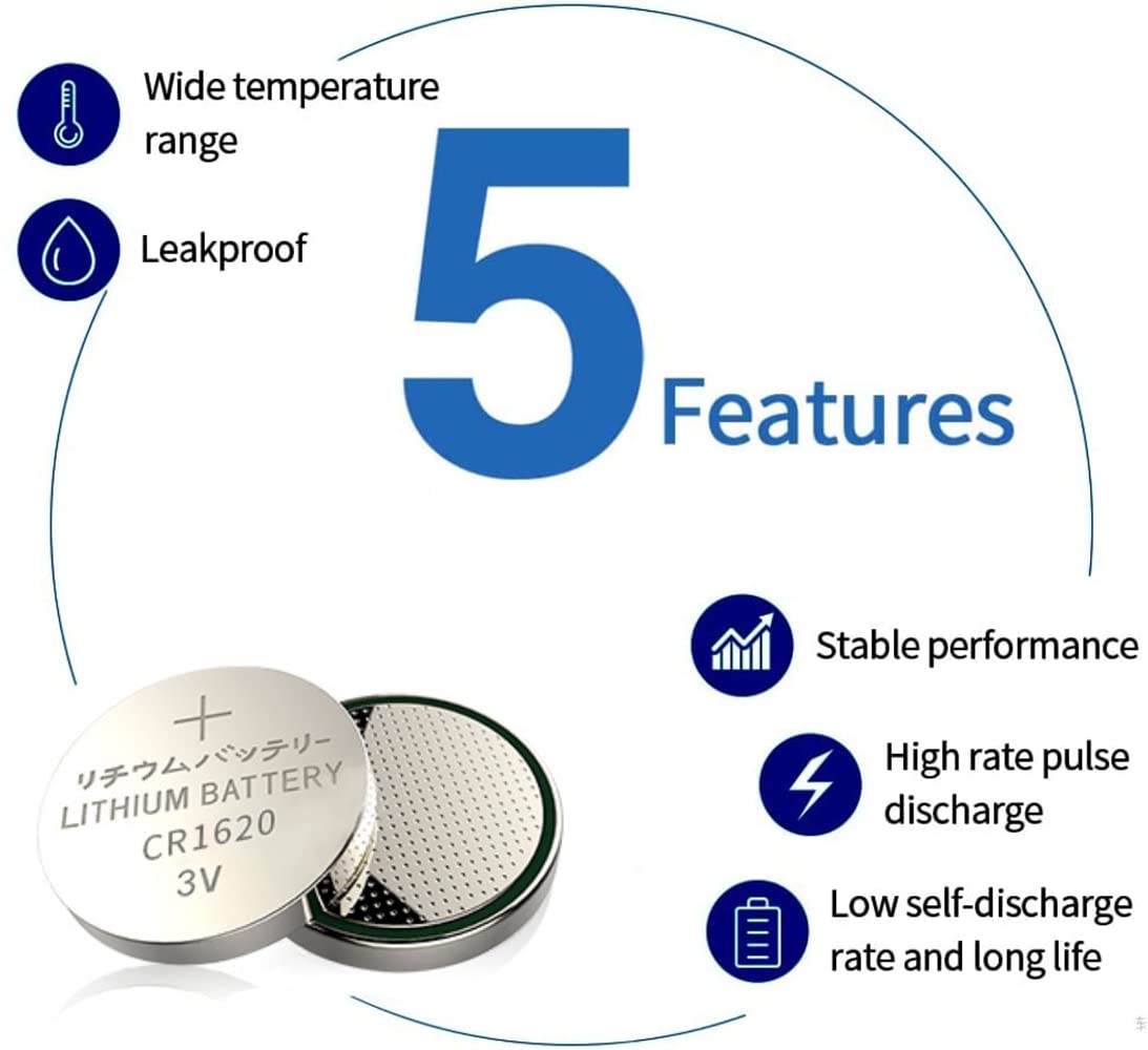 Cotchear 5Pcs CR1620 Coin Batteries 3V Electronic Button Lithium Battery Cell CR1620 DL1620 5009LC for Watch Toy Remote