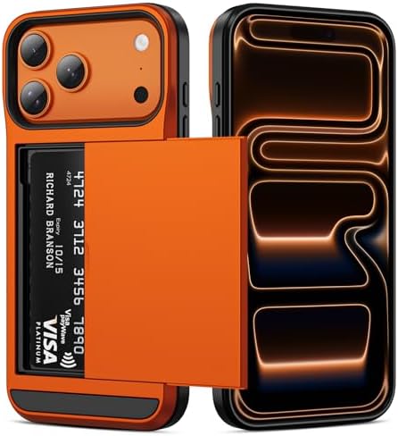 Vofolen for iPhone 17 Pro Case Wallet with Card Holder [Max 3 Cards] Dual Layer Heavy Duty Shockproof Drop Protection Hidden Sliding ID Slot Slim Phone Cover for Women Men, 6.3 Inch Orange
