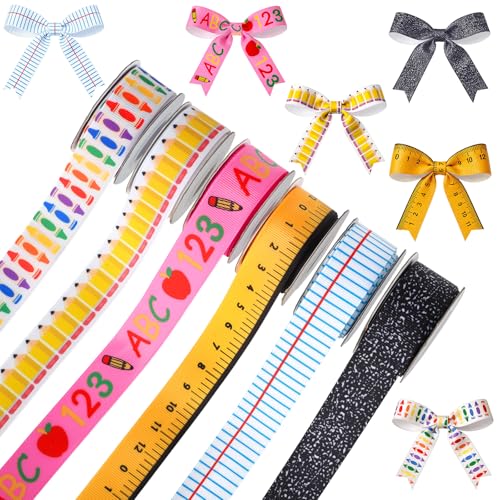 6 Pcs Teacher Ribbon for Gifts 30 Yards Back to School Ribbons Graduation Teacher Appreciation Gift Ruler Pencils Apples Composition Book Crayon DIY Crafts Wrapping Crafting Party Supplies Decorations