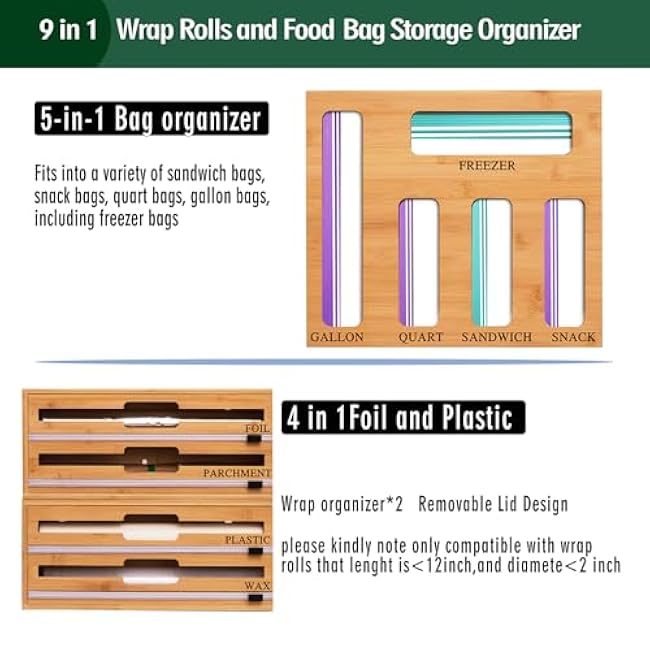 9 In 1 Storage Bag Organizer And Plastic Wrap Dispenser With Cutter, Bamboo Foil and Plastic Wrap Organizer(Natural)