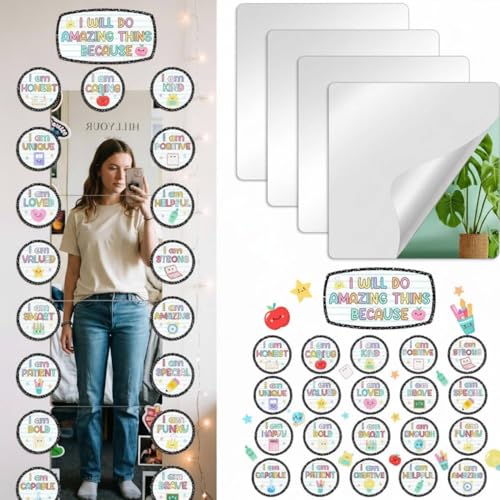 Yerliker 4 Pcs 8 x 8 Self Adhesive Acrylic Classroom Mirrors Affirmation Mirrors for Wall 21 Pcs Positive Affirmation Cutouts for Classroom Inspirational Motivational Bulletin Board Poster Decor