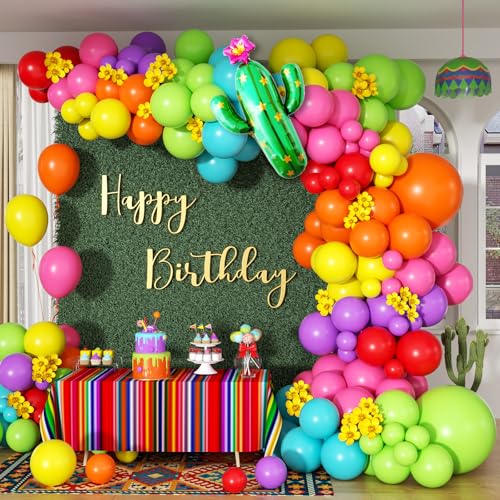 176pcs Mexican Fiesta Balloon Garland Arch Kit with Yellow Hot Pink Lime Green Orange Purple Teal Red Foil Balloons for Mexican Fiesta Birthday Party Decorations