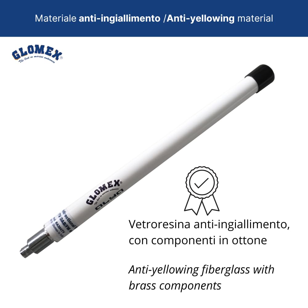 Glomex – Kit d'antenne TV/DAB/FM "Alya" compact 25 cm (Blanc), modèle RA304TV – Amplifié 24,5 dB, Omnidirectionnel, pour voiliers et moteur – Installation rapide complète