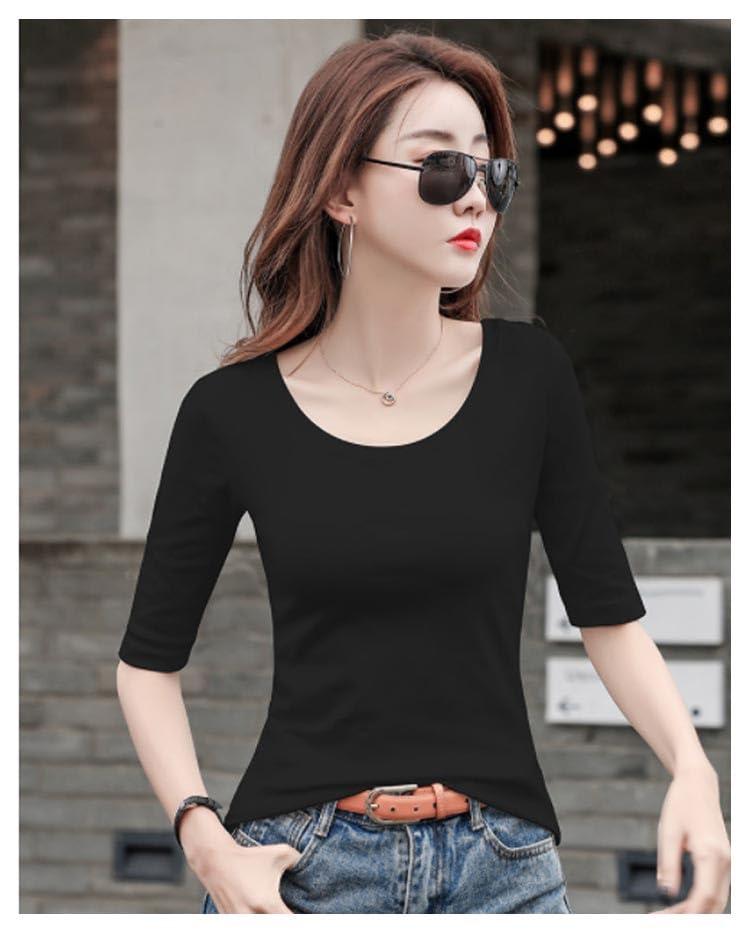 Amazon.co.jp: 5分袖Tシャツ Tシャツ カットソー Uネック 春秋 夏  