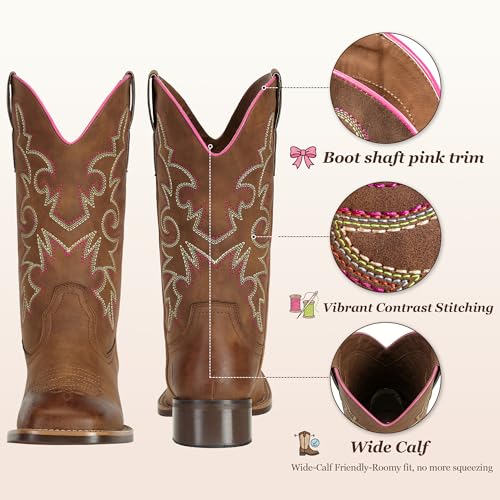 Image of J's.o.l.e Fashion Cowboy Boots For Women Square Toe Wide Mid Calf Western Cowgirl Boots | Western Style, Pink V-Cut Collar, Six-Row Stitching, Wide Mid-Calf, 1.57 inch Low Heel, Country Concerts & Festival Season