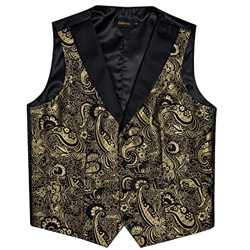 Image of DiBanGu Mens Paisley Vest Silk Sleeveless Suit Vest and Neck Tie Pocket Square Cufflinks Set for Wedding Formal