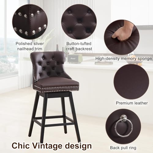 Image of Brown Leather Swivel Bar Stools Set of 4 with Back, 26 Inch Counter Height Chairs, Solid Wood Legs, Tufted Seat, Comfortable and Stylish for Kitchen, Island, Home Bar(Brown, 4 Pack, 26 inch H)