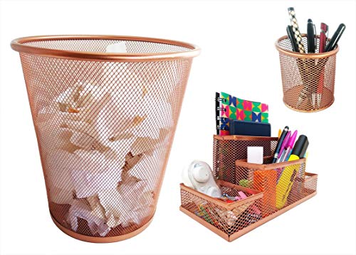 Kit Organizador, Porta Caneta e Lixeira Rose Gold Escritório