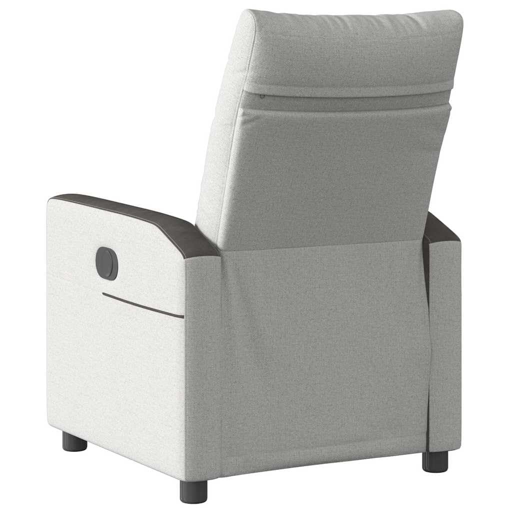 Fotel relaksacyjny w kolorze szarego materiału z ręczną funkcją leżenia, ergonomiczne oparcie, miękka tapicerka, podłokietniki, podnóżek, drewniana rama metalowa do salonu, biura, czytania