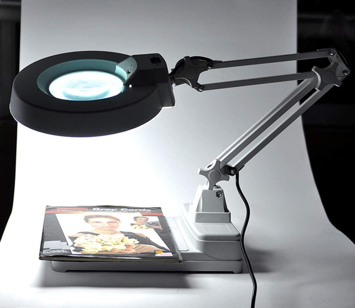 Lupa, 3X/5X/8X/10X LED Lupa de 127 mm, Lupa de manos libres con soporte de lámpara LED Escritorio de mesa de altura ajustable en lupa iluminada para lectura Artesanía Pasatiempos, banco de trabajo