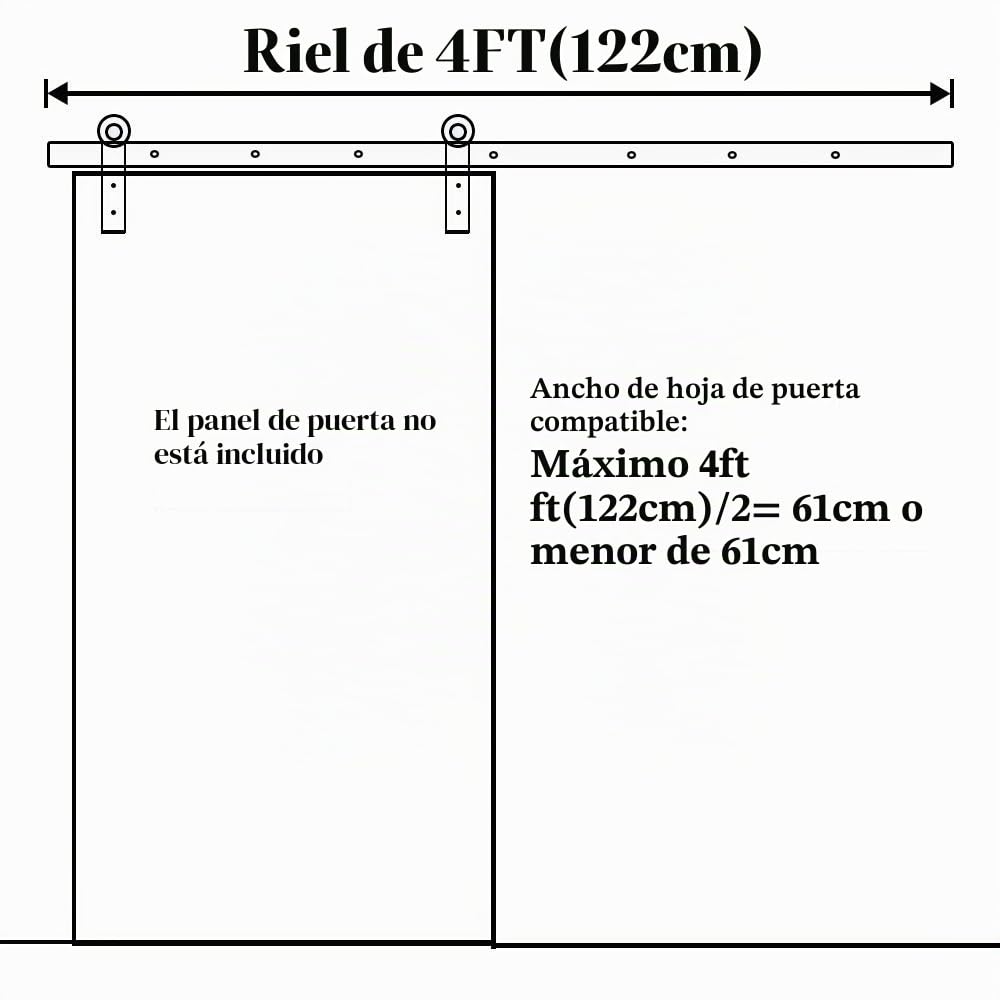Herrajes para puerta corredera de granero de 122 cm, rieles empalmados, apto para ancho máximo de 61 cm, kit sin puerta