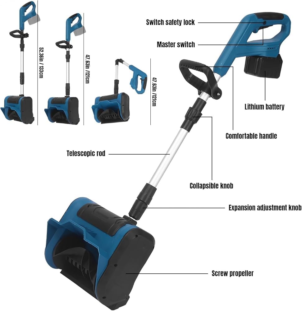 Spazzaneve senza fili con design pieghevole, due batterie incluse, altezza massima della neve 20 cm, distanza di lancio 8 m, ideale per tutti i tipi di strada