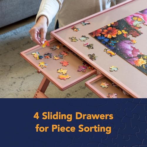 Image of Bits and Pieces Portable Foldable Jigsaw Puzzle Board with Cover and Legs - 21 inch x 29 inch Puzzle Table with Drawers for Sorting - Versatile Game Table for 1000 Piece Puzzles, Board Games
