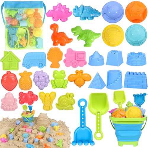 Image of REZUCREY Beach Toys, Collapsible Sand Toys for Toddlers, Sand Bucket and Shovels Set with Mesh Bag Cute Sand Molds, Travel Sand Toys for Beach, Sandbox Toys for Toddlers Kids Baby Boys Girls Age 3-10