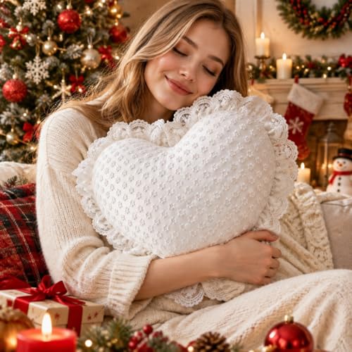 Christmas Lace White Heart Pillow, Fluffy Fall Throw Pillows, Bedroom Decor - image 6