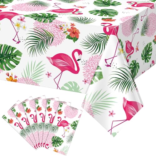 Image of 6 Pack Summer Flamingo Tablecloth Party Decorations, Hawaiian Tropical Plastic Table Cloth, Disposable Luau Table Cover for Summer Flamingo Picnic Birthday Party Supplies Decorations, 54 inch x 108 inch