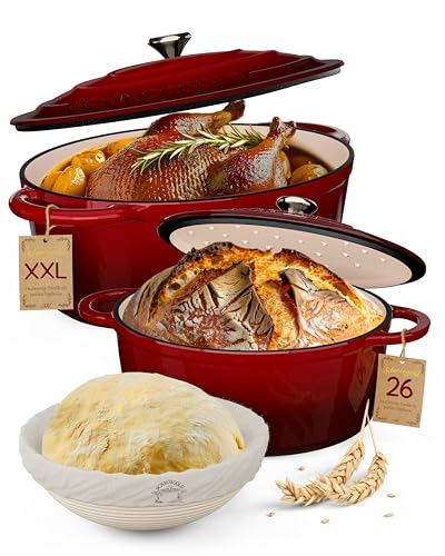 SCHMORGOLD Set de hierro fundido – Cacerola esmaltada con tapa de 37,5 cm y molde de hierro fundido para pan con cesta de fermentación de 26 cm – Perfecto para hornear pan, guisados y asados – olla de