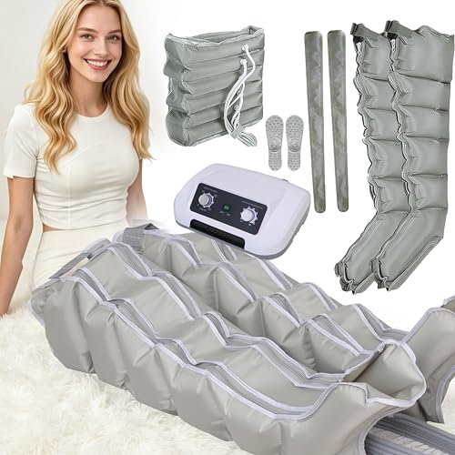 Presoterapia para Casa Abdomen y Piernas, Maquina Botas Aparato Presoterapia Profesional Pierna, 6 camaras Masajeador Circulación (Gris Piernas+Abdomen, M+10CM Banda Ancha)