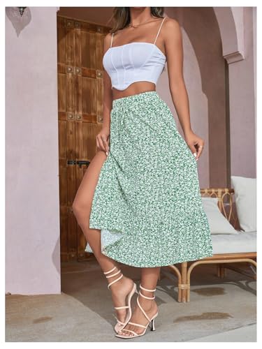 Milumia Women's Floral Drawstring High Waist Skirt Boho Split Thigh Ruffle Flowy Midi Skirts4