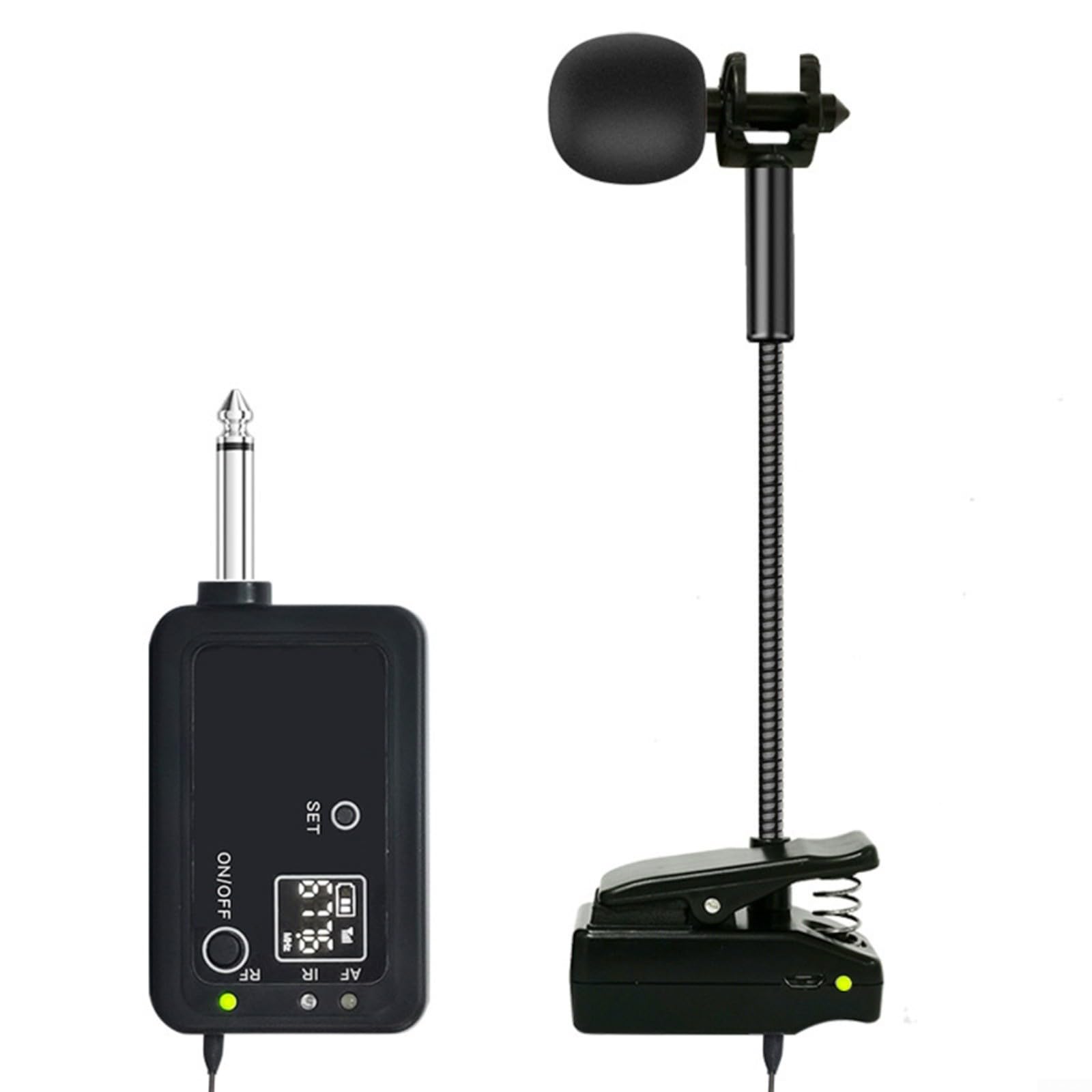 Kabelloses Mikrofon mit UHF-Technologie für Saxophon und Blechblasinstrumente mit flexiblem Schwanenhals zur Positionseinstellung
