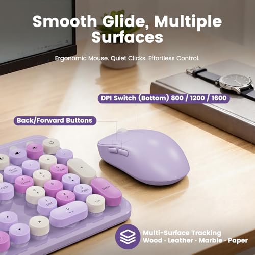 Image of Wireless Keyboard and Mouse Combo, Retro Round Keycaps, Full-Size Stylish Typewriter Keyboard with Large Phone /Tablet Holder, 3-Level DPI Ergonomic Mouse, 2.4GHz Cordless for Windows PC, Lavender Mist