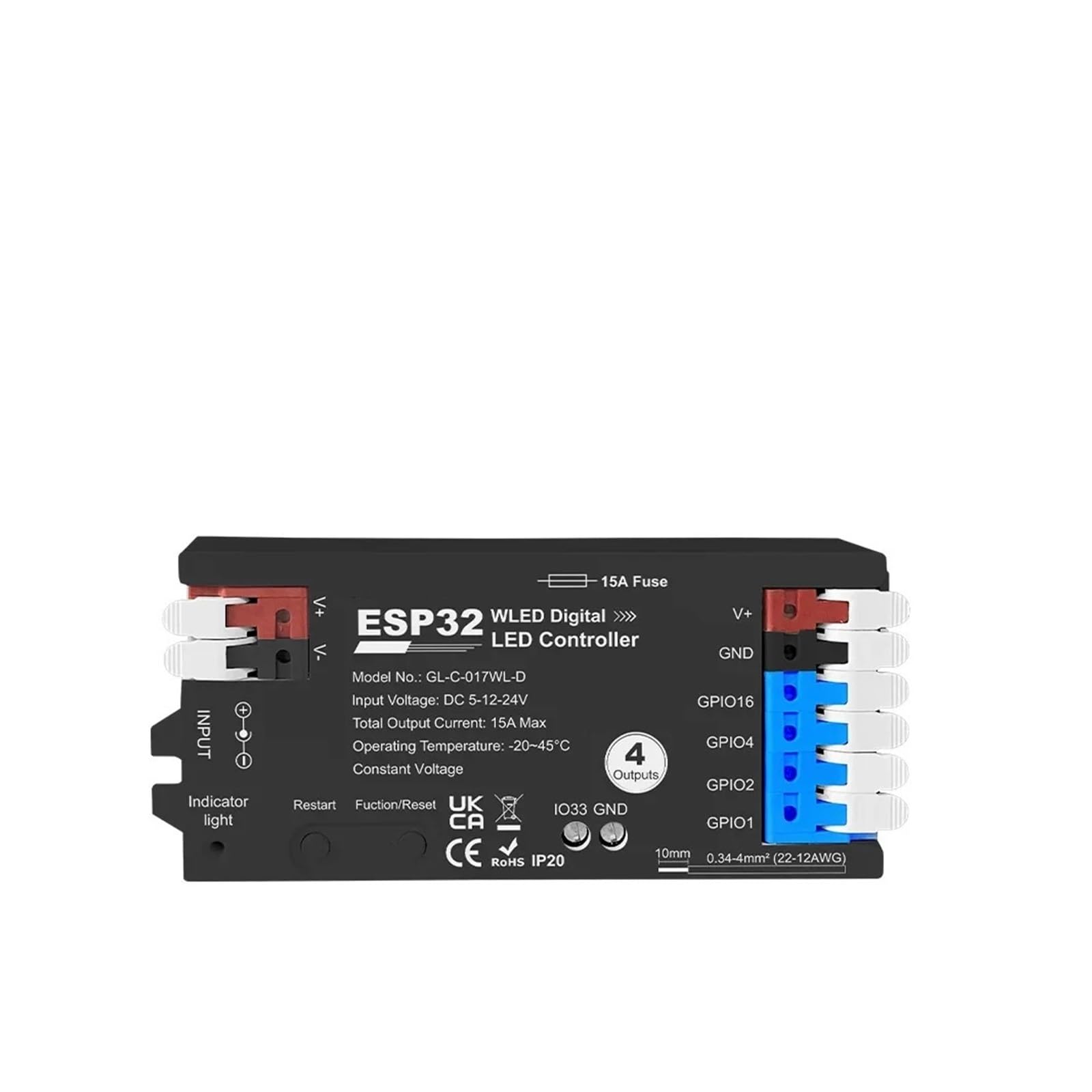 Controlador WLED ESP32 con fusible de 15A para tiras LED de 4 salidas