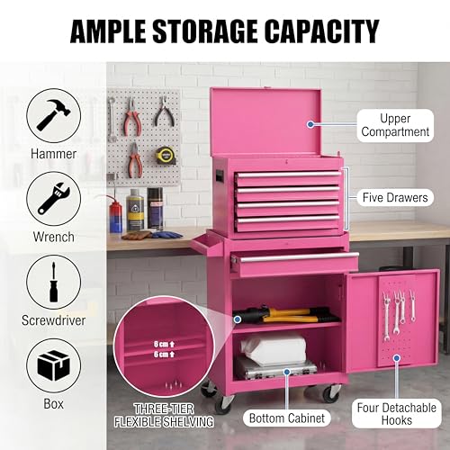 Image of Goplus Rolling Tool Chest, 5-Drawer Tool Box Organizer w /Lockable Wheels & Sliding Drawers & Detachable Top & Adjustable Shelf, Tool Storage Cabinet for Garage Workshop