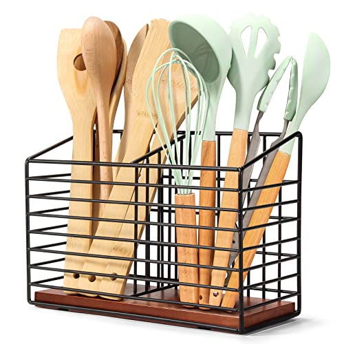 THYGIFTREE Kitchen Organizer for Counter - Large Black Metal Cooking Utensil Holder with Wooden Base - Modern Farmhouse Utensil Caddy