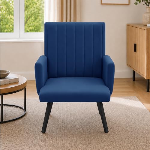 Image of Rosebell Modern Accent Chair for Living Room | Single Seater Chair with Armrests & Metal Legs | Comfortable Lounge Chair for Bedroom, Reading & Office | Blue