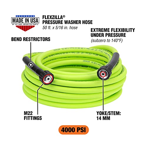 Image of Flexzilla Pressure Washer Replacement Hose, 5 /16 in. x 50 ft., 4000 PSI, M22 Fittings, No-Kink, Lightweight, ZillaGreen