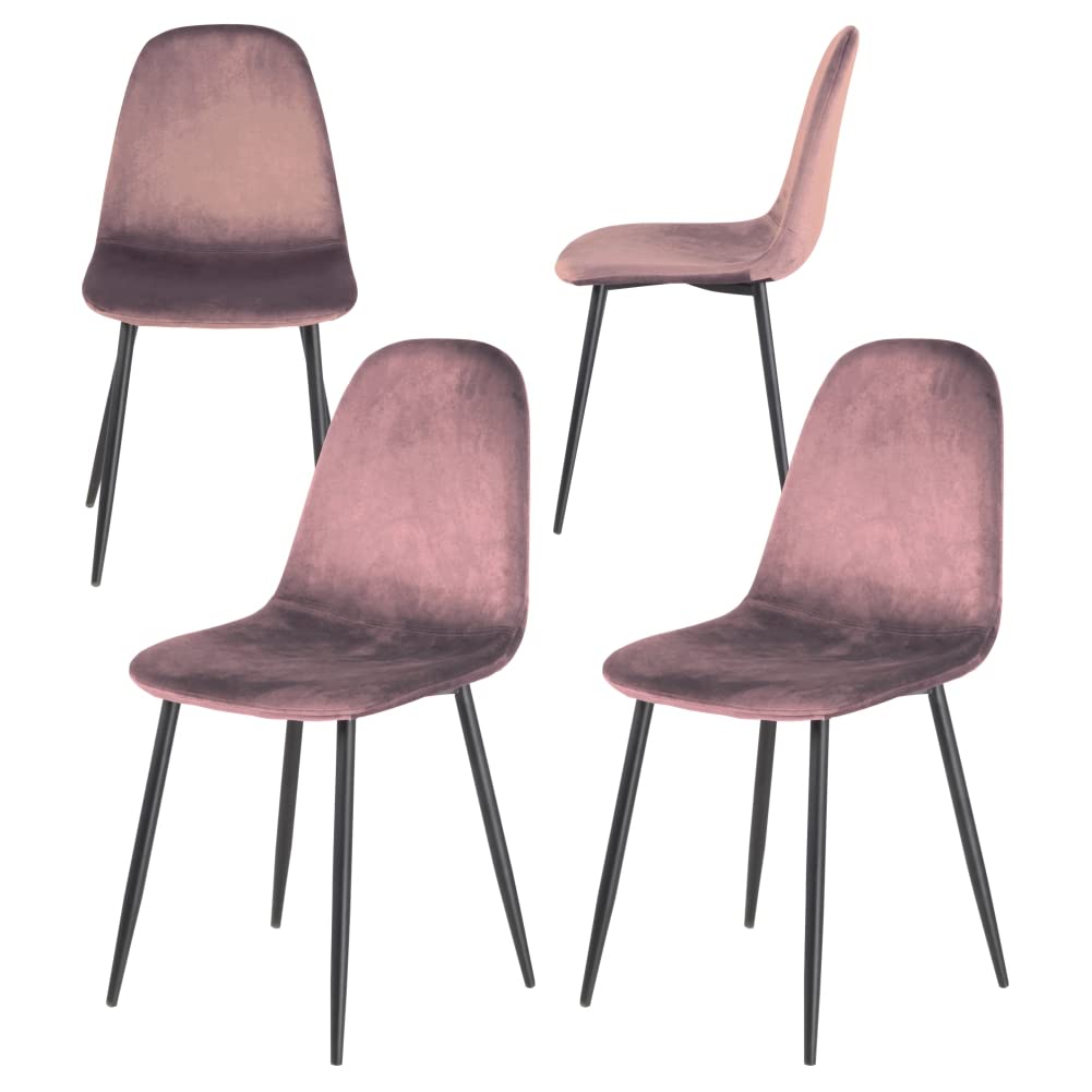 PraTiKo Life Set di 4 Sedie Sala da Pranzo in Velluto Morbido Sedia da Cucina Moderna Imbottita Schienale ergonomico Poltroncina con Gambe in Metallo Nero Resistente Sedia Moderna (Rosa Antico)
